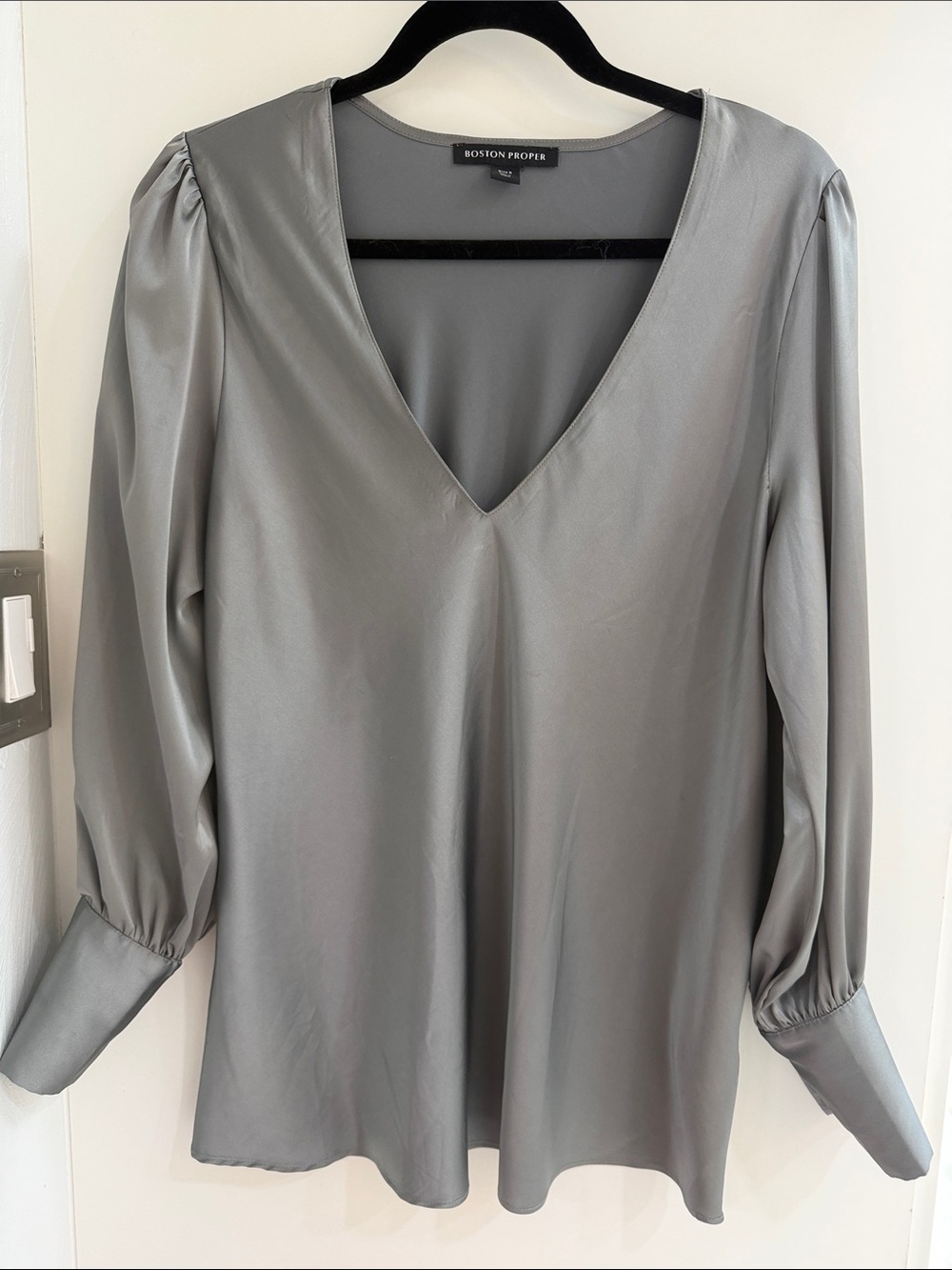 Boston Proper Gray Satin V-Neck Blouse